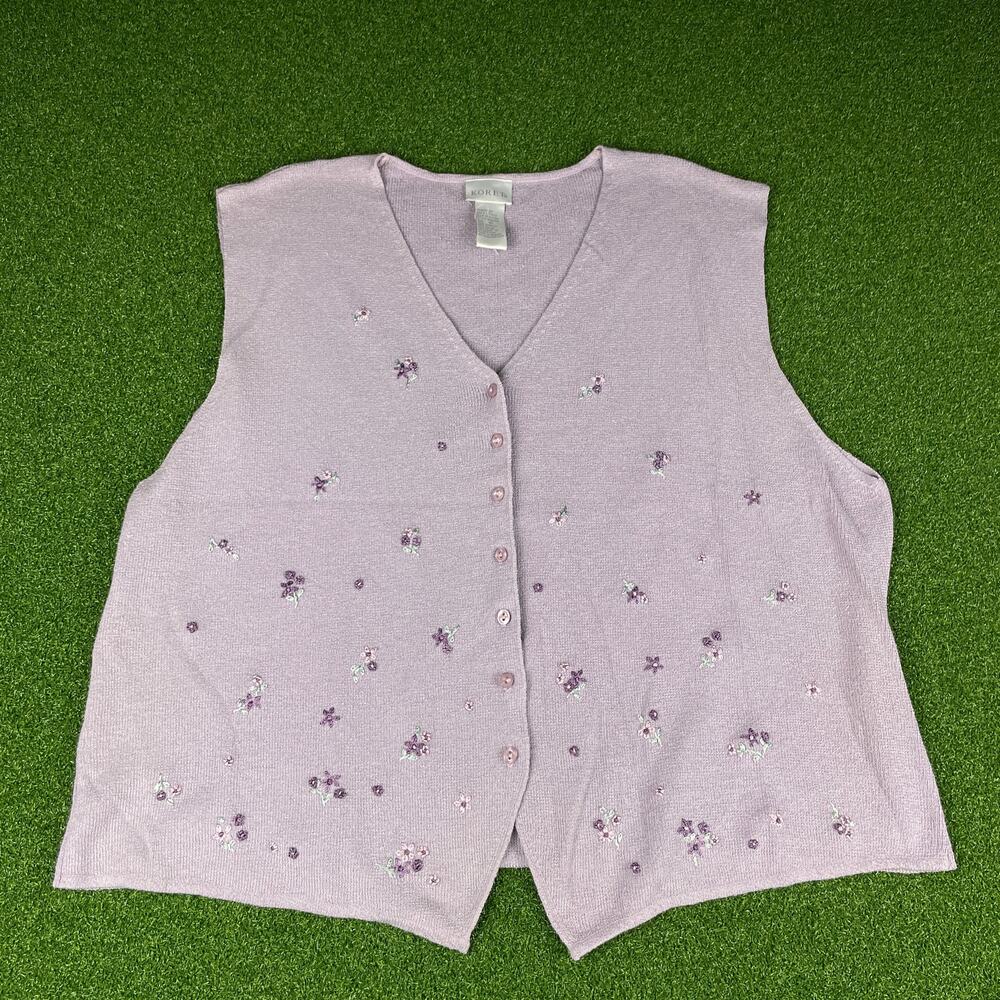 Vintage 90s Koret Beige Cottagecore Embroidered Acrylic Sweater Vest Sz XL